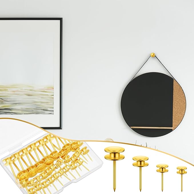 Ferraycle 40 Piece Double Headed Picture Hangers Nails 4 Size Long Thumb Tacks for Wall Hanging Decorative Nails Push Pins Picture Hooks for Drywall Photo Decor, 10/20/ 30/ 50lb(Gold)