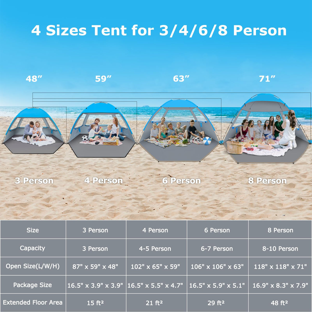 Venustas Beach Tent Sun Shelter for 3/4-5/6-7/8-10 Person, UPF 50+ UV Protection Beach Canopy, Lightweight and Easy Setup Cabana, Portable Shade Tent