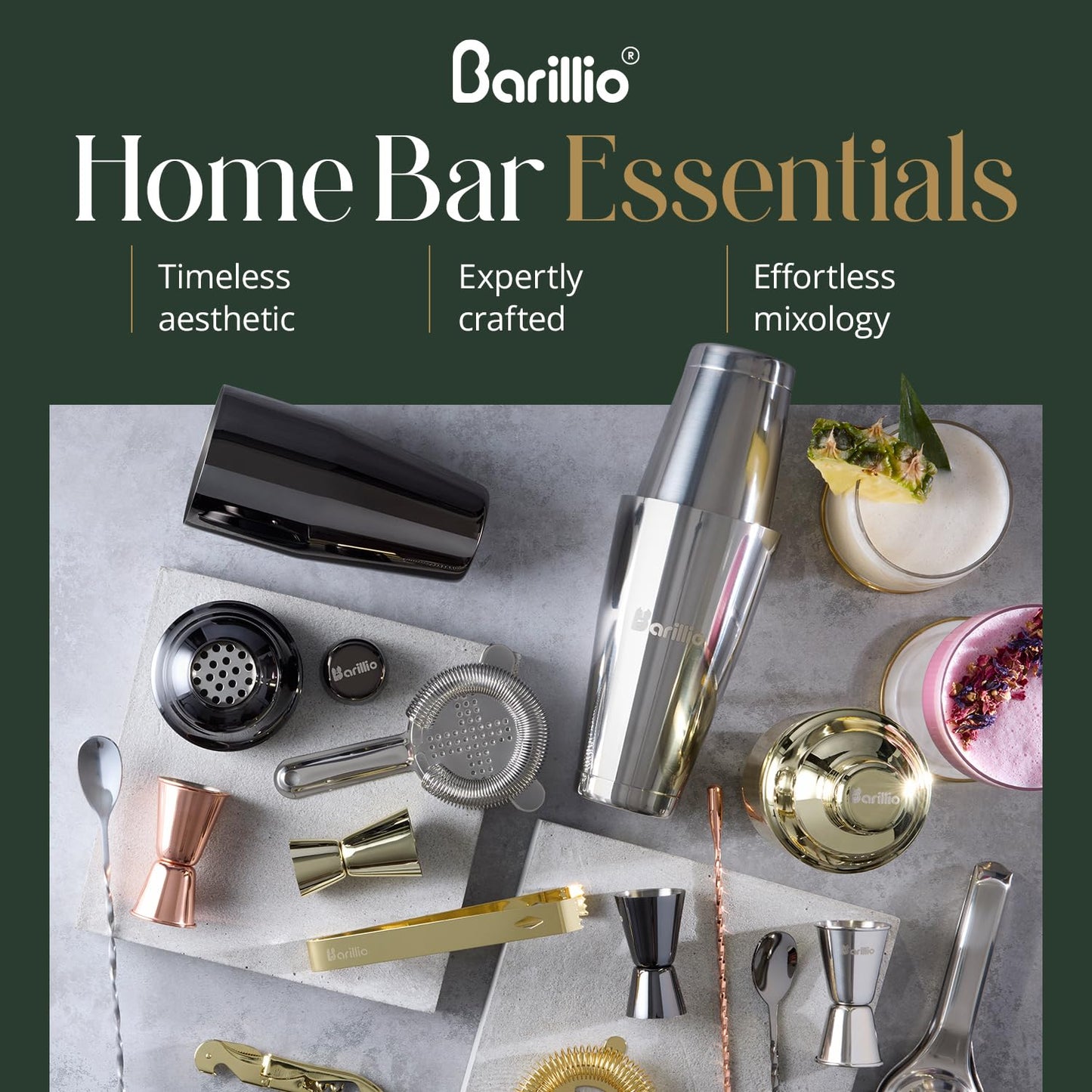 Barillio Black Bartender Kit - Stainless-Steel Cocktail Shaker Set w/Black Bamboo Stand - Mixology Bar Tools w/Drink Shaker, Mixer and Muddler for Cocktails - Home Bar Accessories - 23-Pc Bar Set