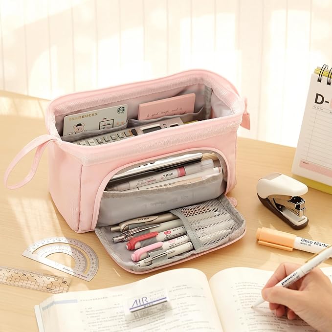 HVOMO Pencil Case Large Capacity Pencil Pouch Handheld Pen Bag Cosmetic Gift for Office School Teen Girl Boy Men Women Adult (Pink)