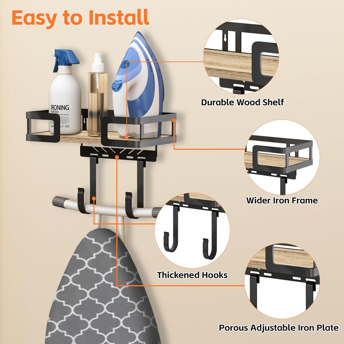 Ironing Board Holder Wall Mount, Iron Board Wall Hanger, Sewing, Laundry Room Organization, Black, T&V Shaped Space Saving Iron Holder for Laundry Room Decor and Accessories, Organization and Storage
