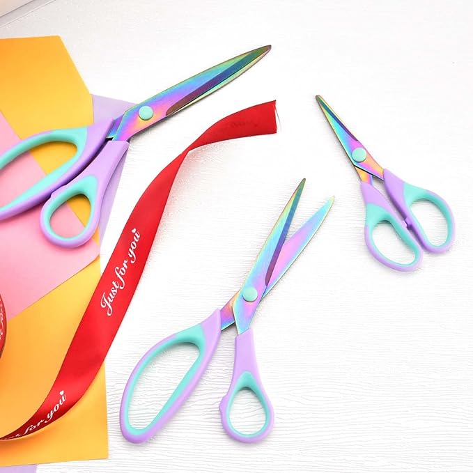Craft Scissors Set of 3 pack, Sharp Rainbow Titanium Coating All Purpose Scissors, Ergonomic Semi-Soft Rubber Grip, Suitable for School, Office and Household Use, 9.2''/8.5''/5.6"