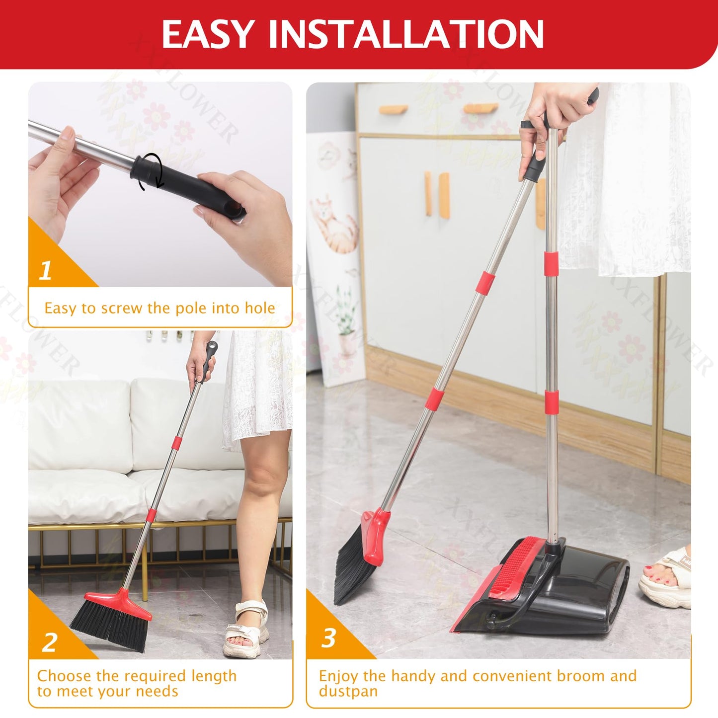 XXFLOWER Broom and Dustpan Set with Long Handle, Light Weight Stainless Steel Poles Stand Upright Dustpans with Broom Combo for Home Kitchen Office Pet Dog Hair, Black & Red Color, 1-Pack