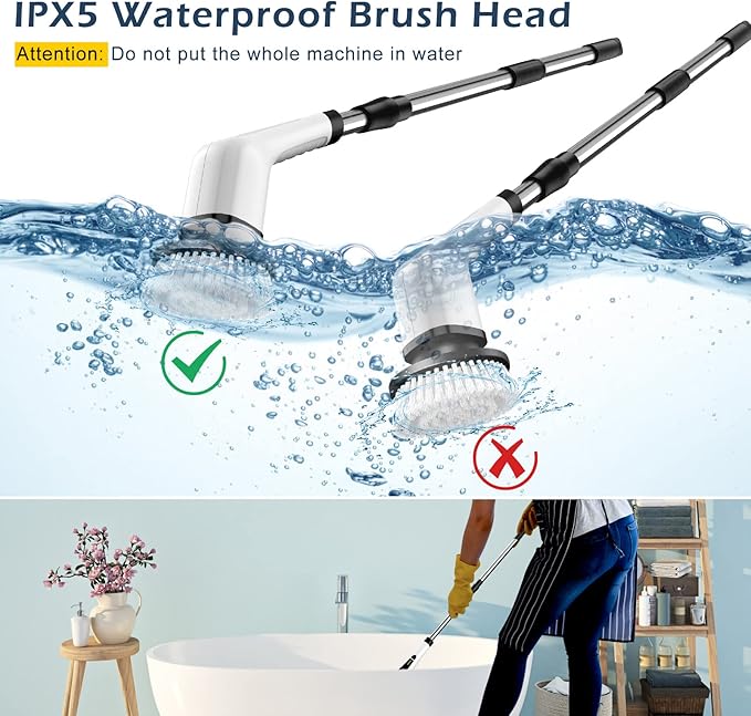 Electric Spin Scrubber, Cordless Cleaning Brush Scrubber for Home, 8 Replaceable Brush Heads-90Mins Work Time, 3 Adjustable Size, 2 Speeds for Bathroom Shower Bathtub Glass Car