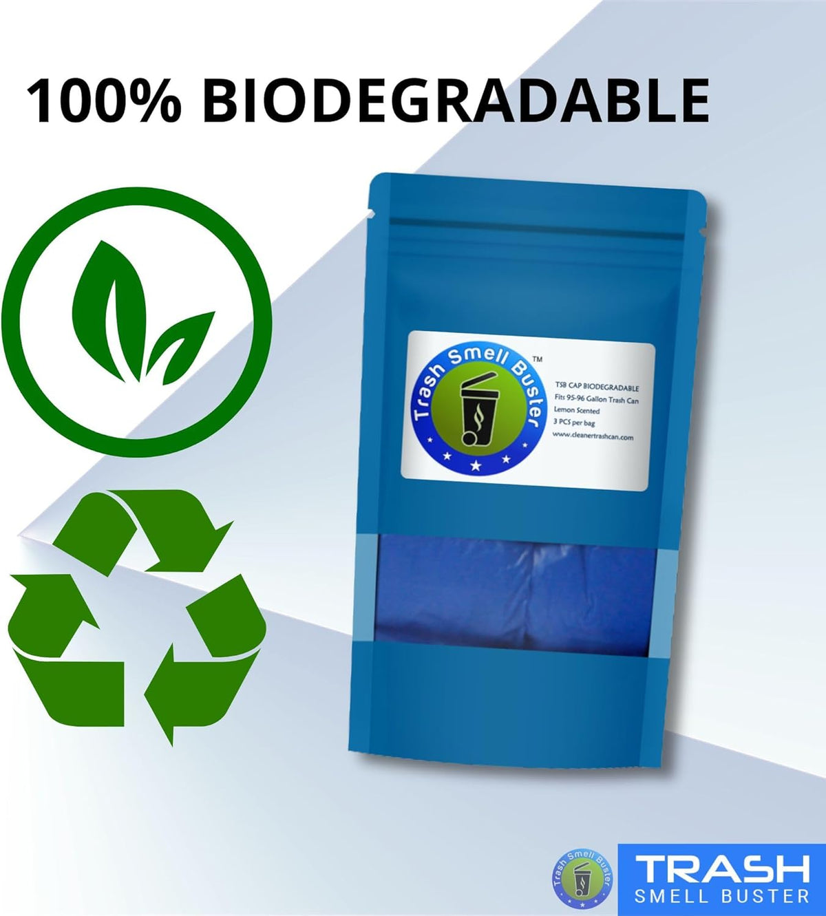 Trash Can Cover Biodegradable Odor Eliminating Bag with Elastic Rubber Band Lemon Scented Durable Chemical Free 95 Gallon 3 Pack