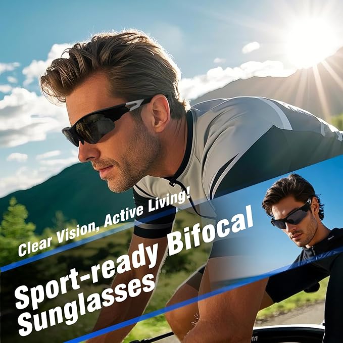 Attractive Bifocal Reading Sunglasses for Men, Durable TR90 Semi Rimless Wrap Around Design Sun Readers, UV400 Near-Far Sun Glass Built in Outdoor Sports/Driving/Finshing Dark Glasses, +1.75