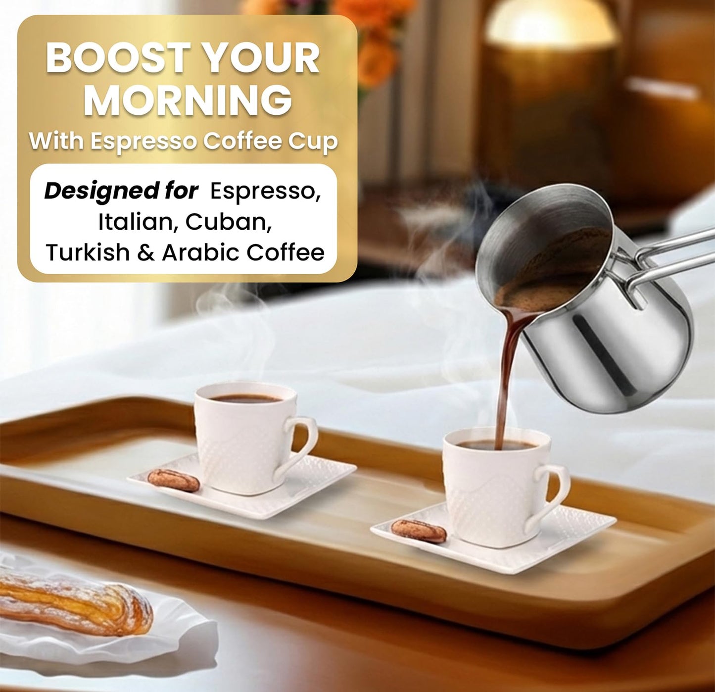 FUOCCI Espresso Cups With Saucer - 3 oz (90 ml) Turkish Coffee Cup, Small Modern Embossed Porcelain for Expresso, Cuban & Arabic Coffee, Elegant White (Set of 6)