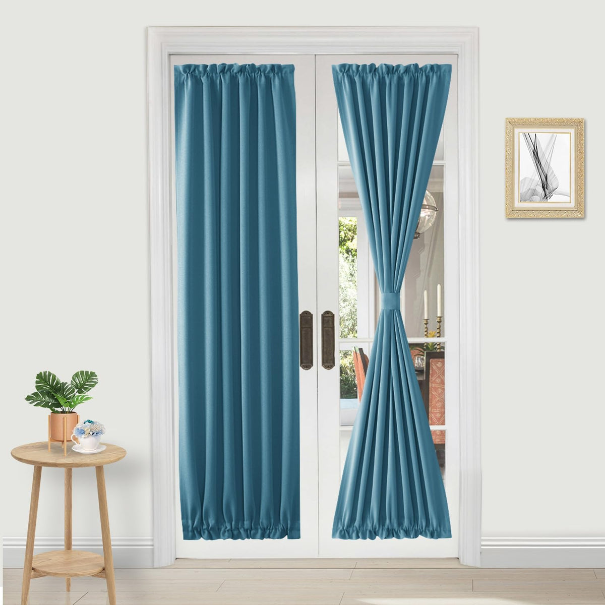 DWCN French Door Curtains â Rod Pocket Thermal Blackout Curtain for Window/Patio Doors/Doorways/Classroom/Kitchen for Privacy, 25W by 72L Inches, 1 Panel with Tieback, Stone Blue