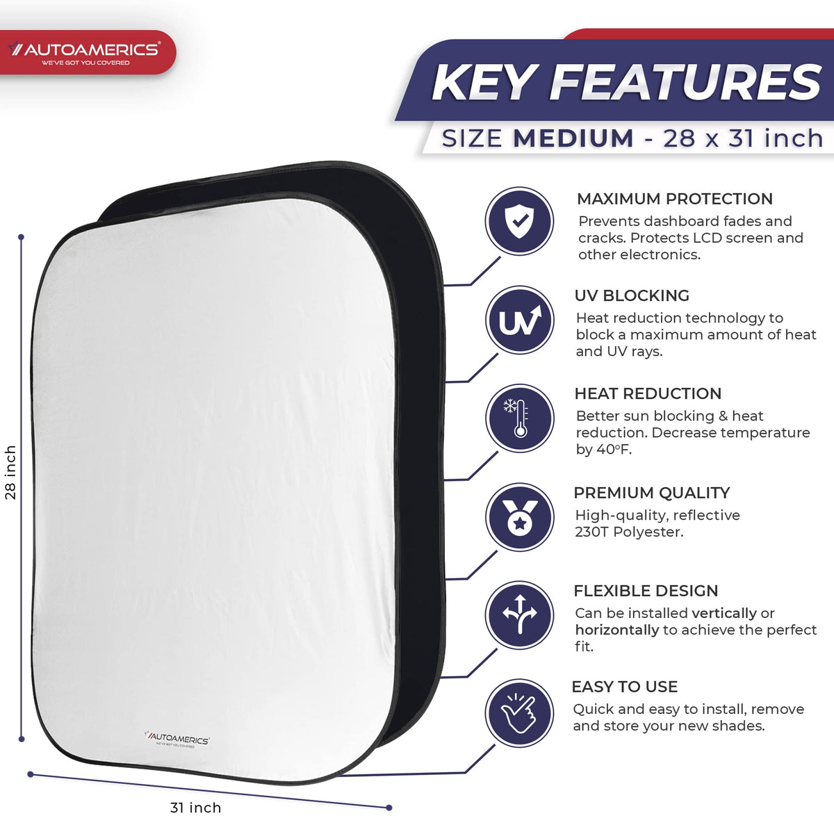 Autoamerics Windshield Sun Shade 2-Piece Foldable Car Front Window Sunshade for Most Sedans SUV Truck - Auto Sun Blocker Visor Protector Blocks Max UV Rays and Keeps Your Vehicle Cool - Medium Fit
