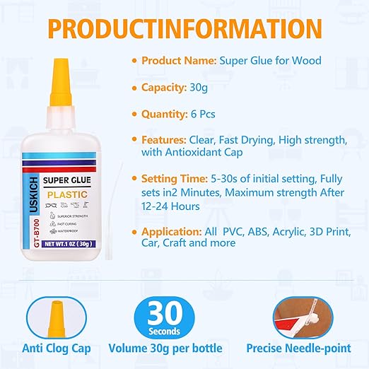 Super Glue for Plastic with Anti Clog Cap. 6 x 1 fl oz,Plastic Glue- Adhesive CA Glue for Model and Miniature,Suitable for PLA, ABS,PVC,3D Printing,Toys,Legos.Heavy Duty Model Repair Kit, Quick Dry