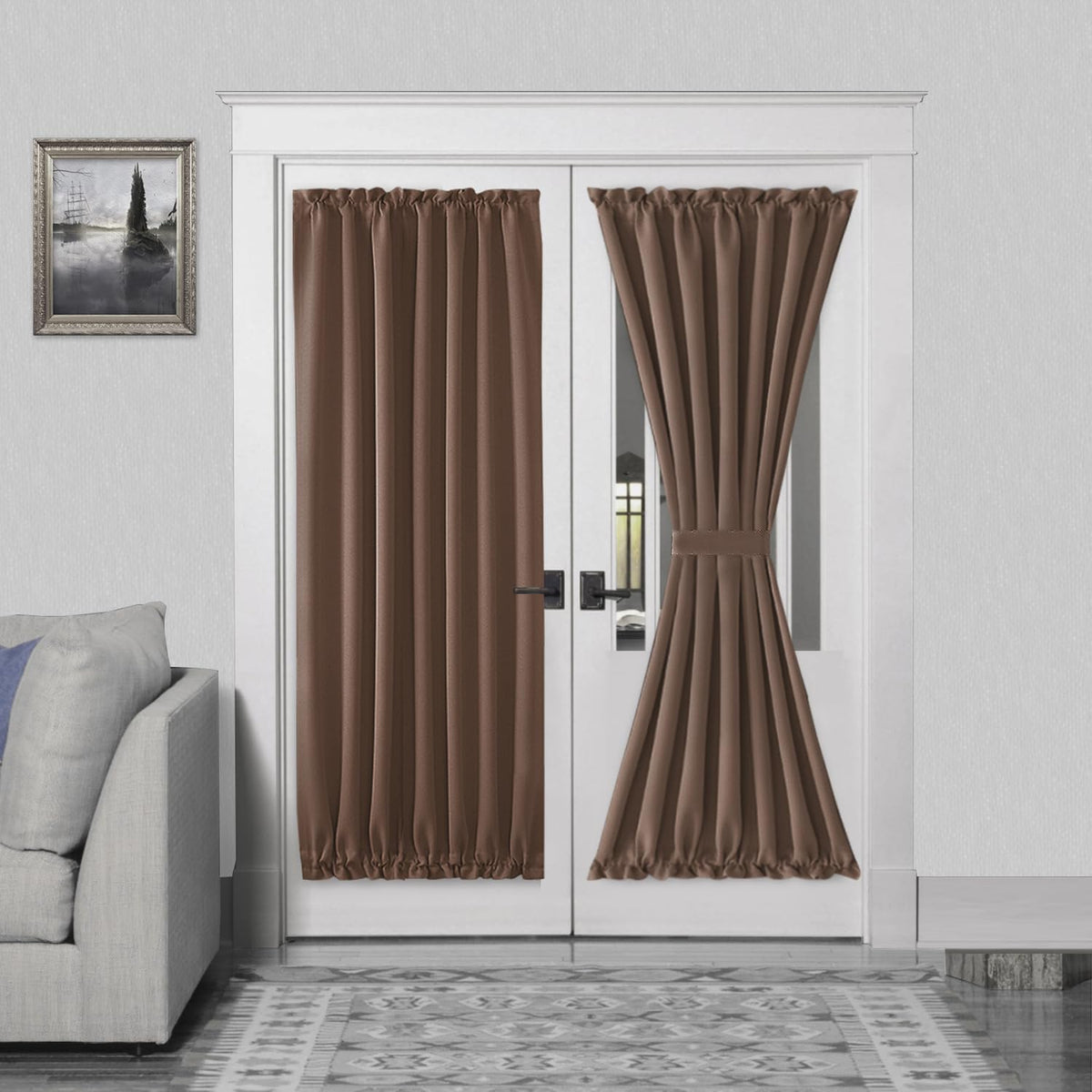 DWCN French Door Curtains â Rod Pocket Thermal Blackout Curtain for Doors with Glass Window, Kitchen and Patio Doors for Privacy, 54 X 72 Inches Long, 1 Curtain Panel with Tiebackï¼Khaki