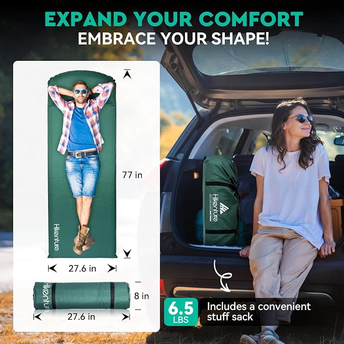Hikenture Self Inflating Sleeping Pad for Camping, 3'' Ultra Thick Camping Pad with Pillow, 9.5 R-Value Insulated Camping Mattress, 4-Season Inflatable Foam Camping Mat for Car, Tent, Cot