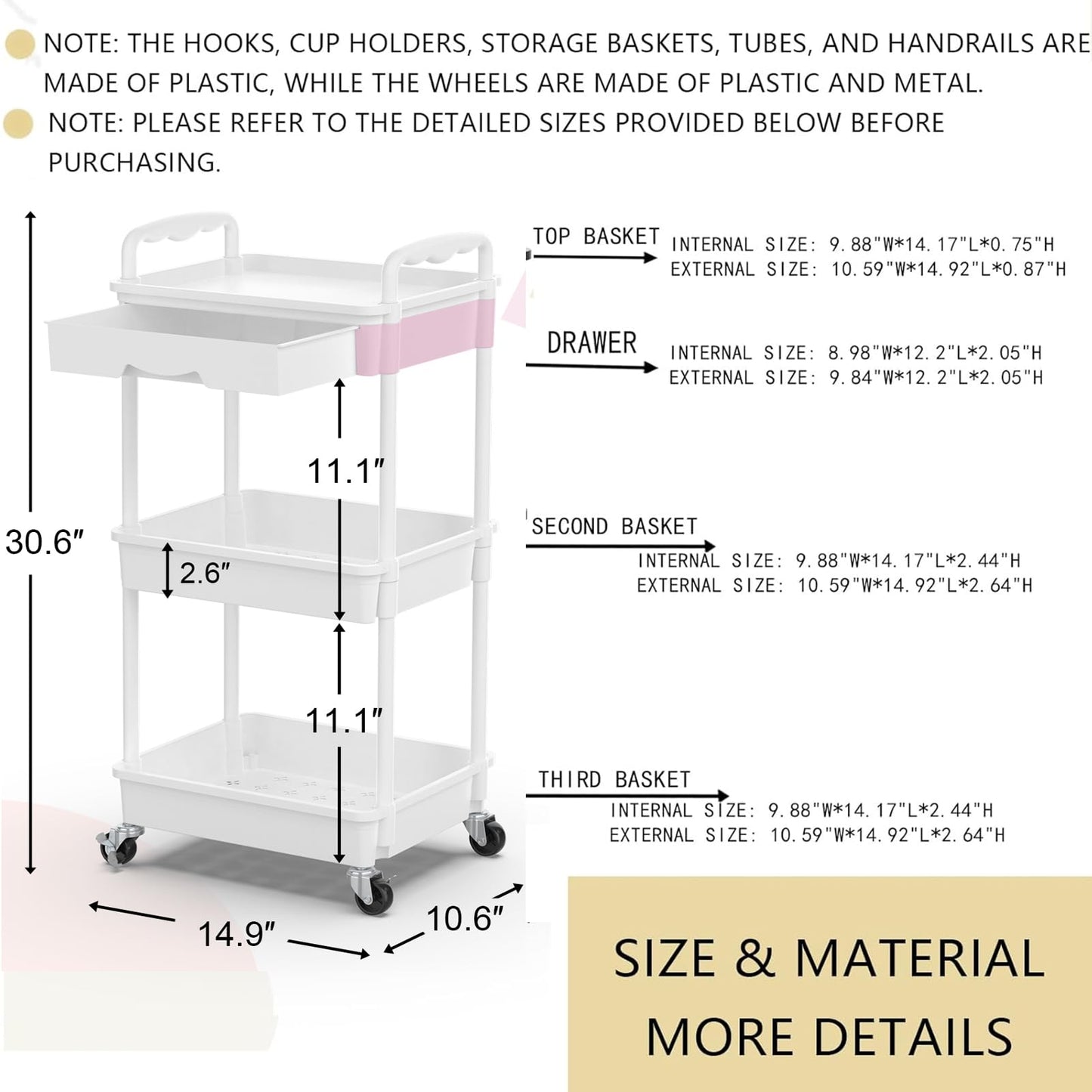 Goovilla 3 Tier Rolling Utility Cart Organizer with Removable Drawer, Stable and Sturdy White Rolling Storage Carts with 2 Lockable Wheels for Bathroom, Kitchen, Snack, Craft, Makeup, Baby Essentials