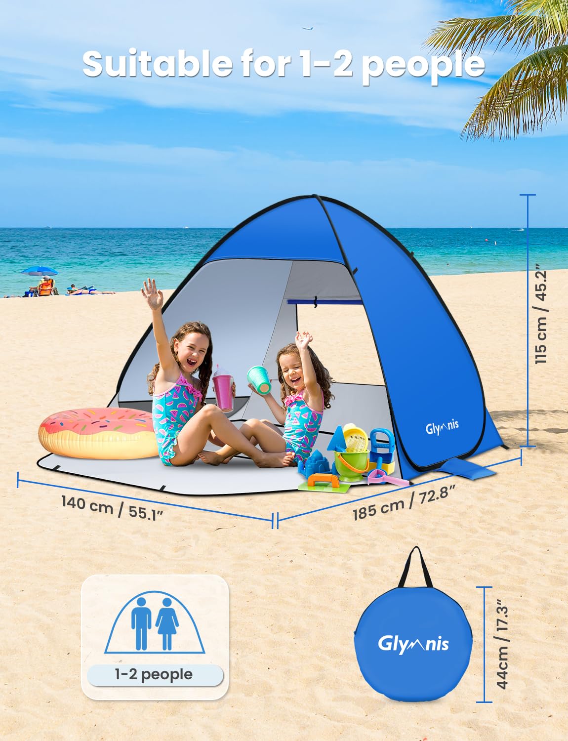 Glymnis Pop Up Beach Tent Instant Portable Sun Shade Shelter (S) 1-2 Persons UPF 50+ with Extendable Floor Zipper Door Automatic Easy Up Tent