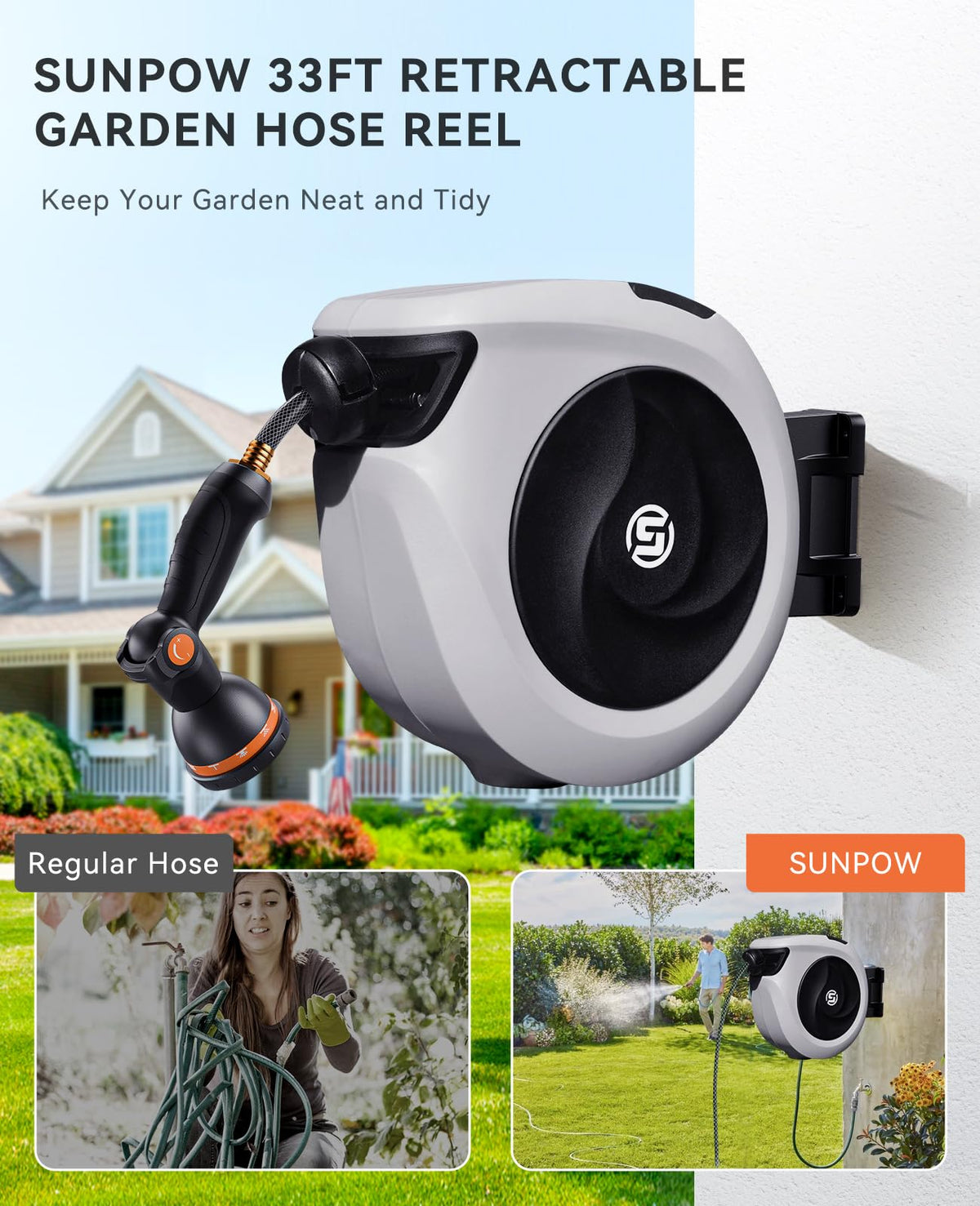 SUNPOW Retractable Garden Hose Reel 1/2 Inch x 33ft - Wall Mounted Hose Reel with 3/4 Inch Brass Fittings & 10-Pattern Nozzle - Auto Rewind System, Any Length Lock, 180° Swivel Bracket