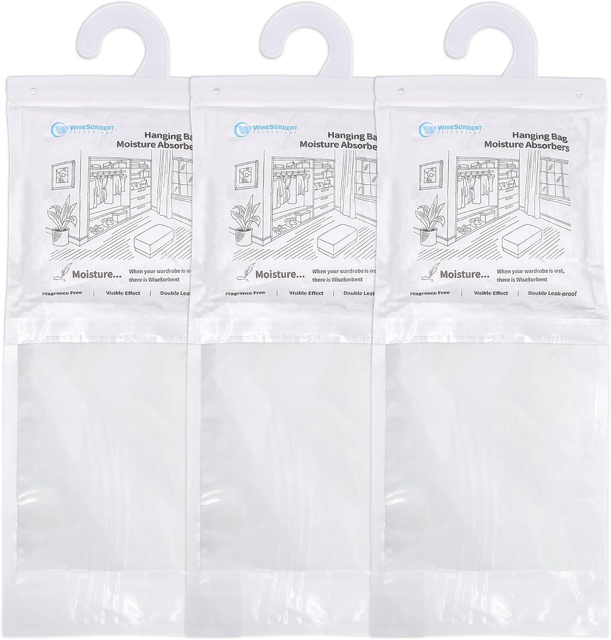 500 Gram Moisture Absorber Hanging Bags 3 Pack - 17.6 oz Fragrance-Free Large Dehumidifier for Closet, Bathroom, Bedroom â Double Leak-Proof Design & Dual-Sided Absorption