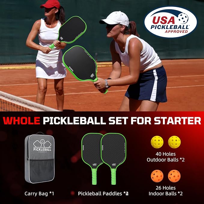 BAGAIL Pickleball Paddles, USAPA Approved Fiberglass Surface Pickleball Set, Lightweight Pickle Ball Rackets with 4 Balls, 1 Bag, Designed in California for Traction and Stability
