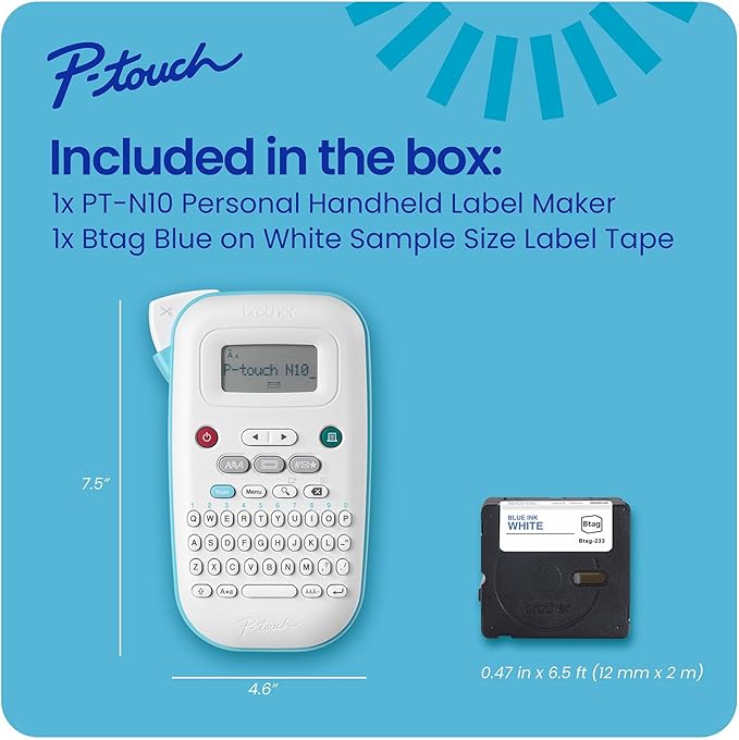Brother P-Touch PT-N10 Personal Handheld Label Maker, Portable and Prints, P-Touch Btag ~½” (12mm) Wide Color Personalized Label Tapes,