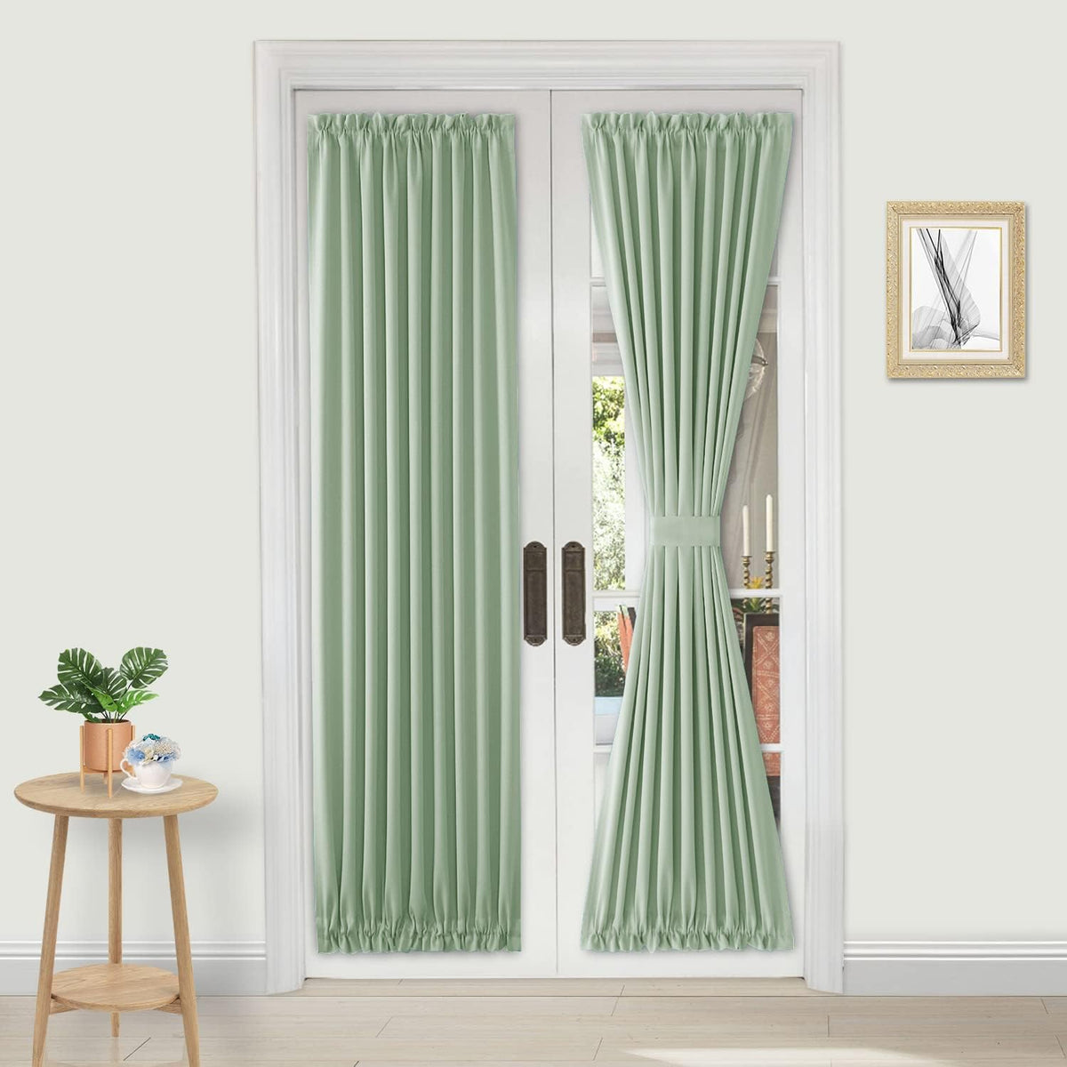 DWCN French Door Curtains â Rod Pocket Thermal Blackout Curtain for Doors with Glass Window, Kitchen and Patio Doors for Privacy, 25 X 72 Inches Long, 1 Curtain Panel with Tieback, Bean Green