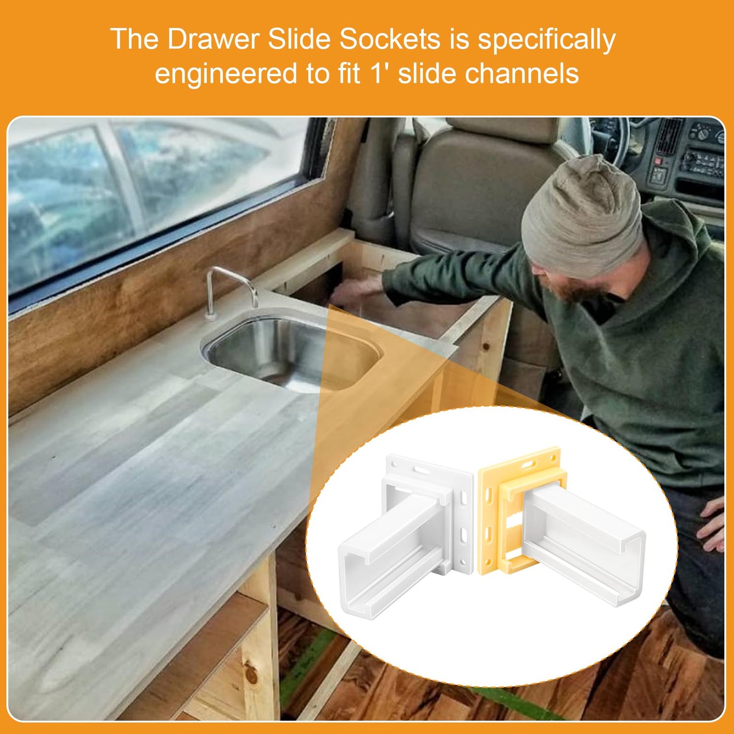 3 Pack Drawer Slides Sockets Set RV Drawer Rail Bracket, Drawer Hardware for 1'' Slide Channel, Cabinet Drawer Slides, Drawer Rails, C-Shaped Adjustable Base, RV Cabinet Hardware, Included Screws