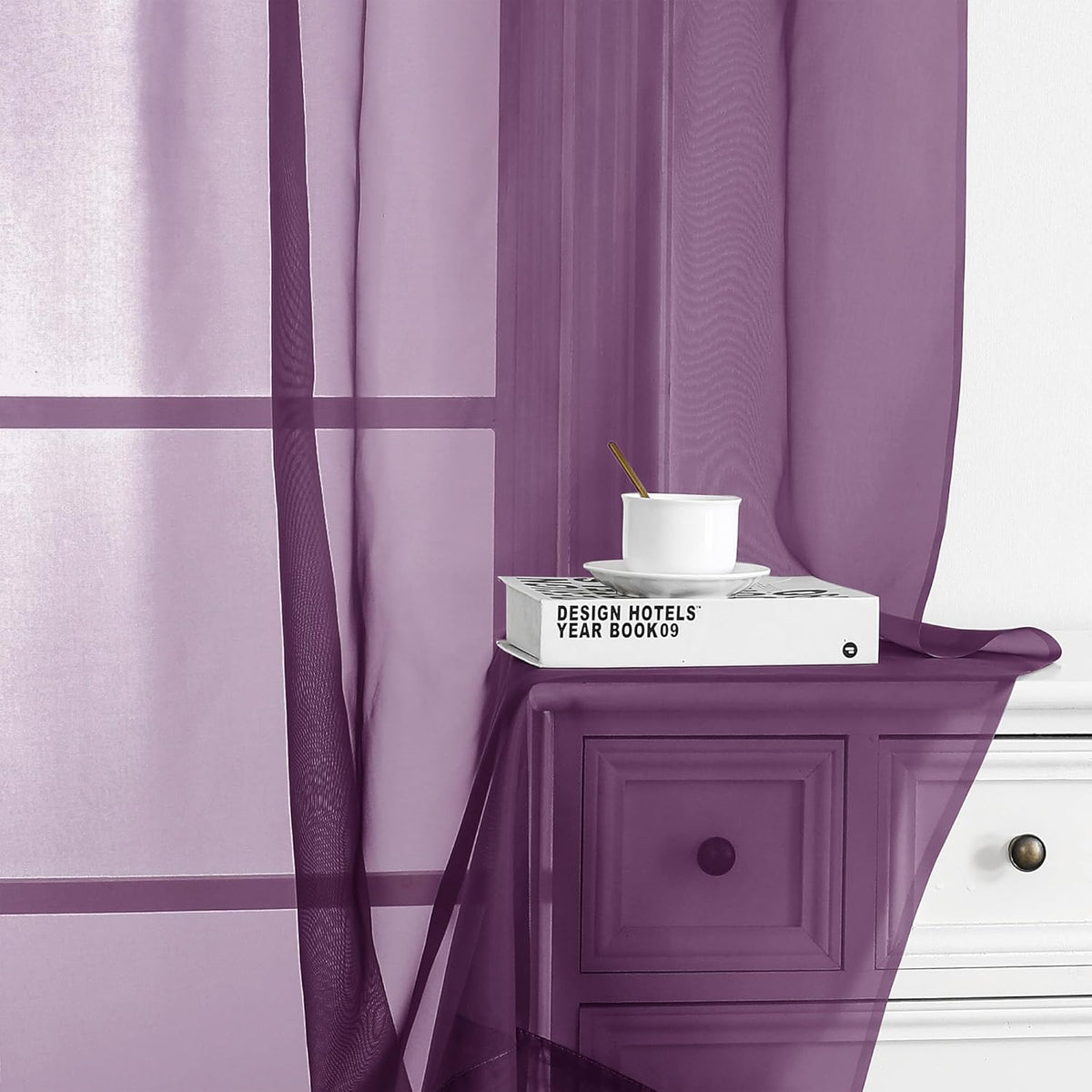 Chyhomenyc Plum Sheer Curtains 63 Inch Length 2 Panels, Rod Pocket Solid Window Sheer Curtain Panels, Elegant Curtains & Drapes for Living Room Bedroom 2 Panels (Plum, 42 W x 63 L)