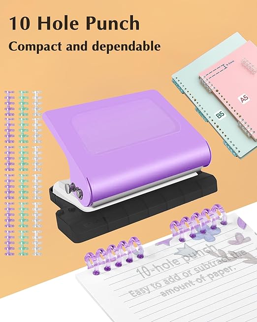 10 Hole Punch Binding Machine for Planners,Paper Puncher with Binder Rings,Punches Holes on B5,A4,A5 Paper,Metal Manual Binding System,Handheld Metal Circle Paper Puncher for Home Office Study,Purple