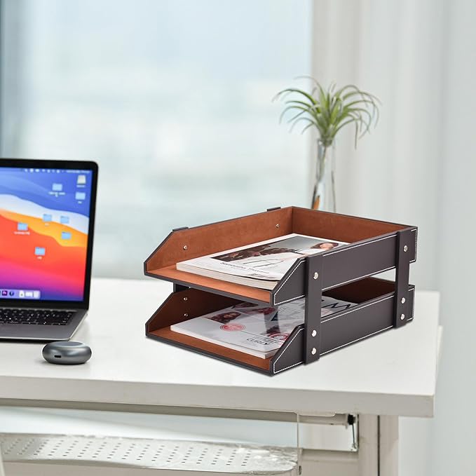 Leather Desk Organizer,2-Tier Stackable Letter Tray Holder,Office Supplies Desktop Storage Box for Document,Stationery,Magazines,Newspapers,Letters and Other Home Office Paper Sundries,Coffee