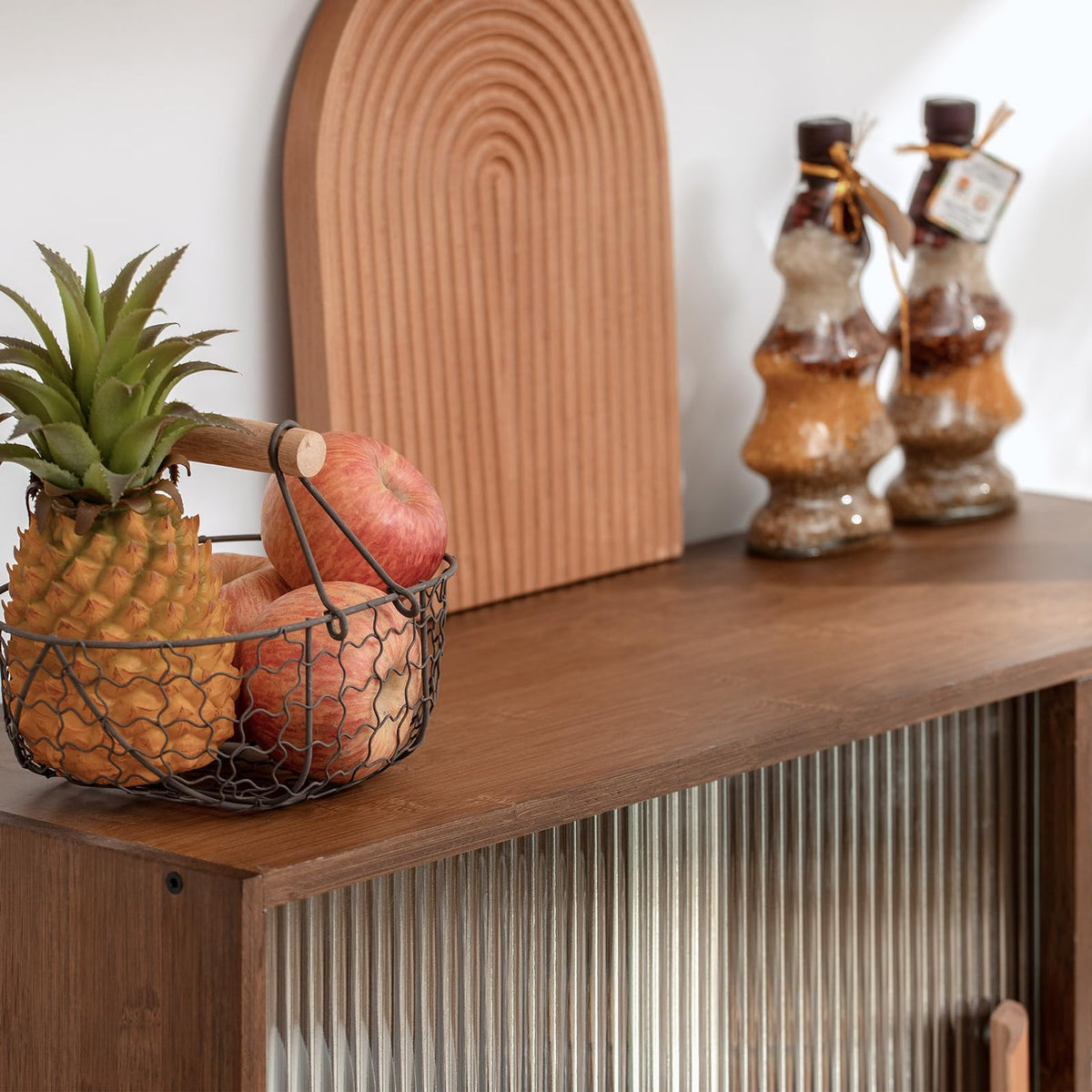 HollyHOME Bamboo Wall Mounted Kitchen Sideboard with 2 Glass Doors and Adjustable Shelves, Freestanding Wall Storage Cabinet with Side Shelf for Bottle, Dish, Bowl, Console Dining Cupboard, Walnut