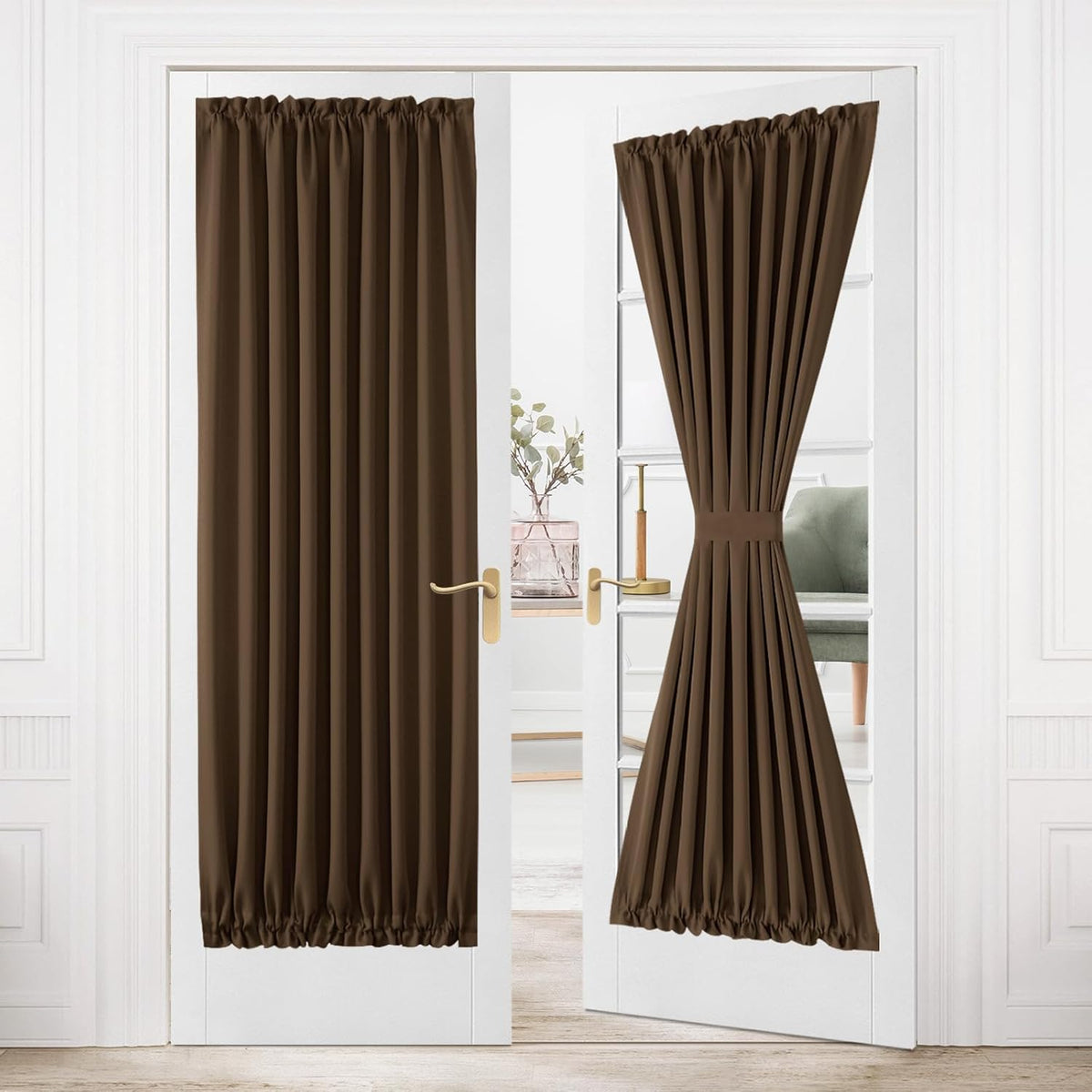 DWCN French Door Curtains â Rod Pocket Thermal Blackout Curtain for Window/Patio Doors/Doorways/Classroom/Kitchen for Privacy, 36W by 80L Inches, 1 Panel with Tieback, Brown