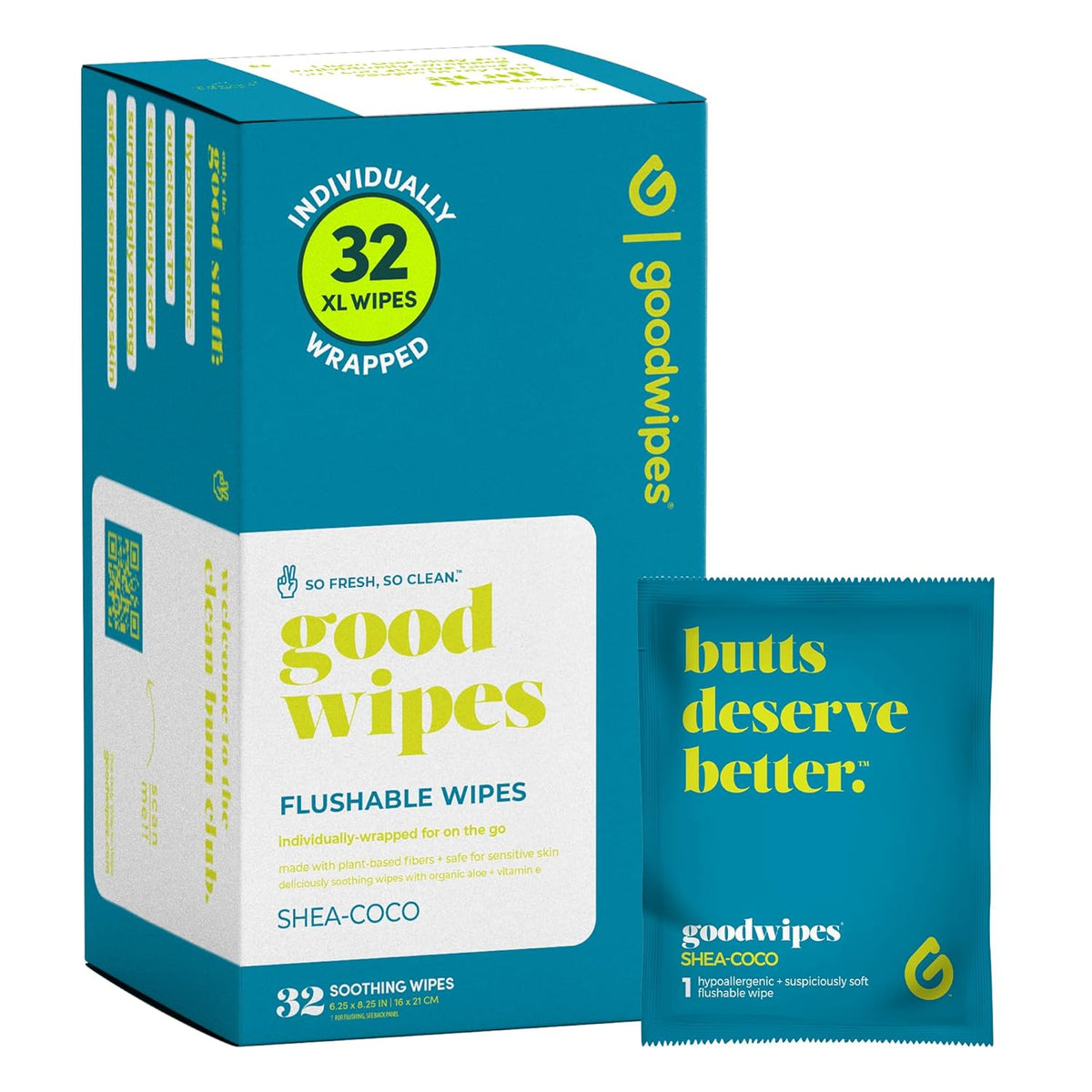 Goodwipes Flushable Wipes â Made with Vitamin E & Aloe â Soft, Individually Wrapped Butt & Feminine Cloths for On-the-Go & Travel Use â Largest Adult Toilet Towelettes â Shea-Coco, 1 pack, 32 count