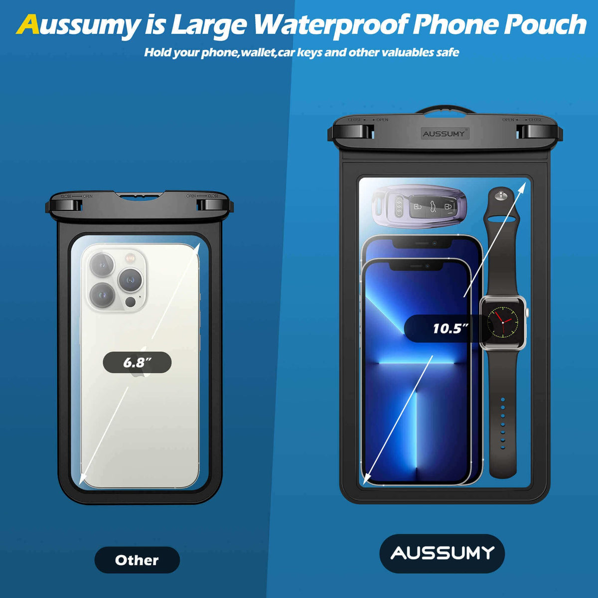 4 Pack 10.5“ Large Waterproof Phone Pouch - Underwater Clear Cell Holder - Universal Water Proof Dry Bag with Neck Lanyard for iPhone 16 Pro Max Samsung Galaxy with Heavy Case for Beach Swimming Pool