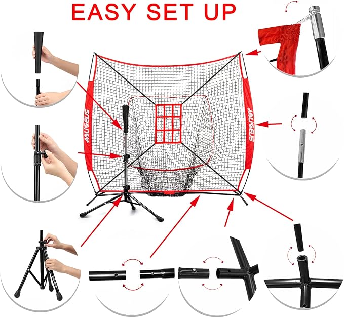 7'X7' Baseball Softball Practice Net,Pitching Net,Batting Net,with Baseball Tee,Bonus Strike Zone and Bow Frame,for Hitting,Pitching, Catching
