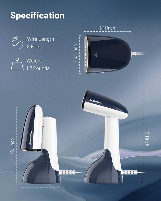 BEAUTURAL Steamer for Clothes, Portable Handheld Garment Fabric Wrinkles Remover, Aluminun Heating Plate, 35-Second Fast Heat-up, Large Detachable Water Tank (Only for 120V)