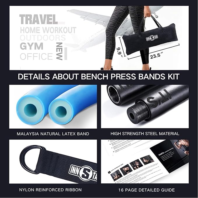 INNSTAR Portable Home Gym Set with Workout Bar, Bench Press Set, Squat Resistance Band, Door Anchor and More-Full Body Workout Equipment to Build Muscle and Shape Body