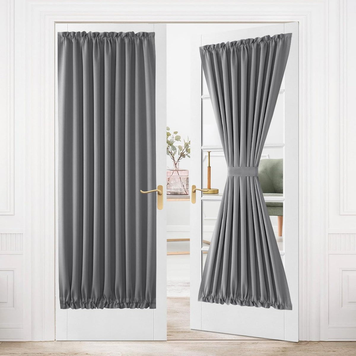 DWCN French Door Curtains â Rod Pocket Thermal Blackout Curtain for Doors with Glass Window, Kitchen and Patio Doors for Privacy, 54 X 80 Inches Long, 1 Curtain Panel with Tieback, Grey