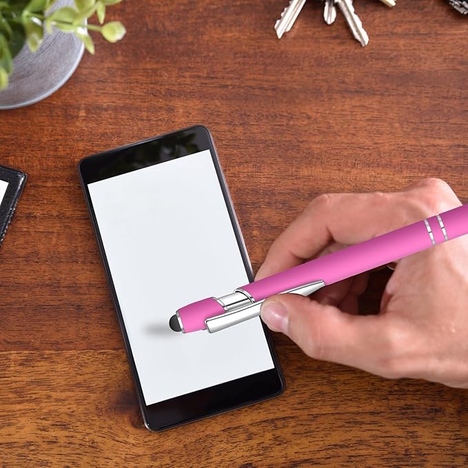 24 Pcs Blue Ink Ballpoint Pen with Stylus Tip 2 in 1 Ballpoint Pen 1.0 mm Blue Ink Metal Stylus Pen for Touch Screens Coworkers, Family, Colleagues, Office (Hot Rose)