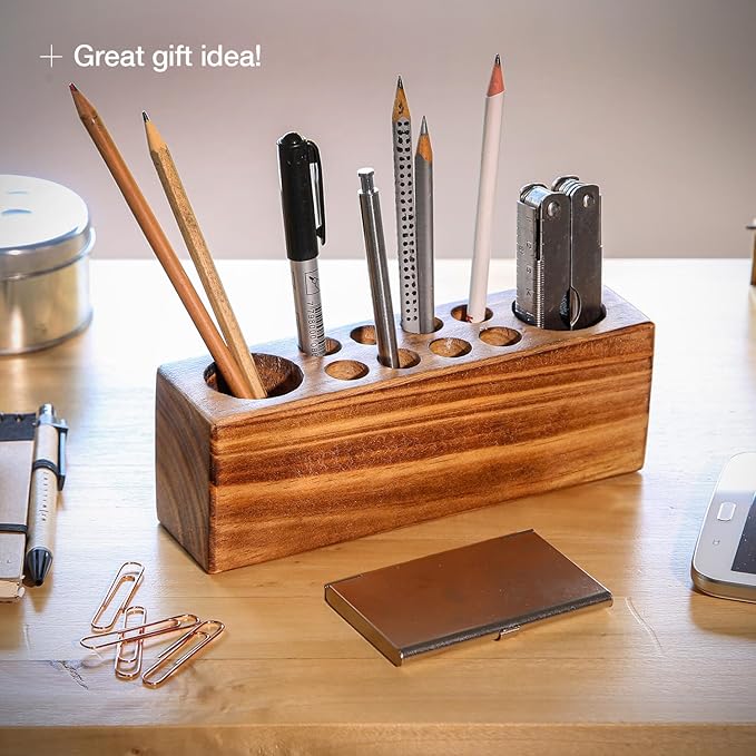 Solid Pine Wood Pen Holder for Desk – Fountain Pen Holder – Stylish Wooden Pencil Holder and Pen Desk Organizer