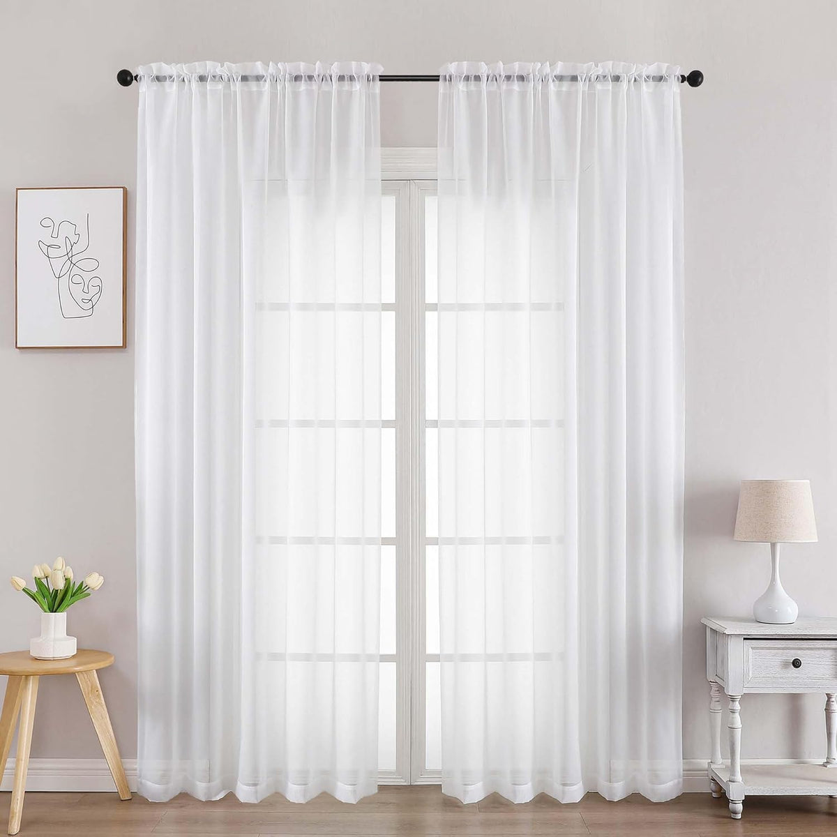 Chyhomenyc White Sheer Curtains 84 Inches Long 2 Panels, Light Filtering White Curtains for Living Room, Soft Gentle Voile Rod Pocket Bedroom Window Drapes, 59Wx84L Inch, 2PCS