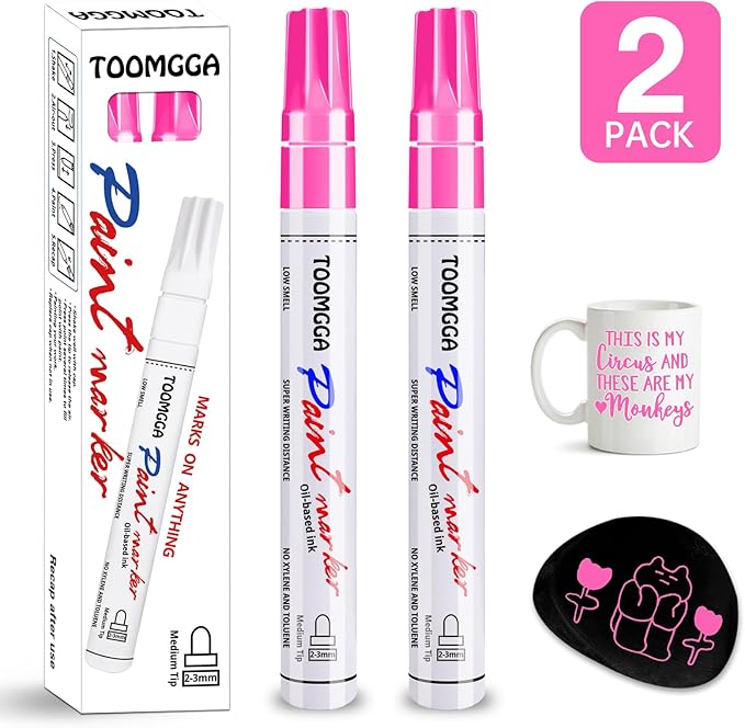 Pink Permanent Paint Pens - 2 Pack Oil Based Paint Markers for Rock Painting Car Tyre Metal, Plastic, Canvas, Mugs, Wood, Glass, Quick Drying and Waterproof, Medium Point