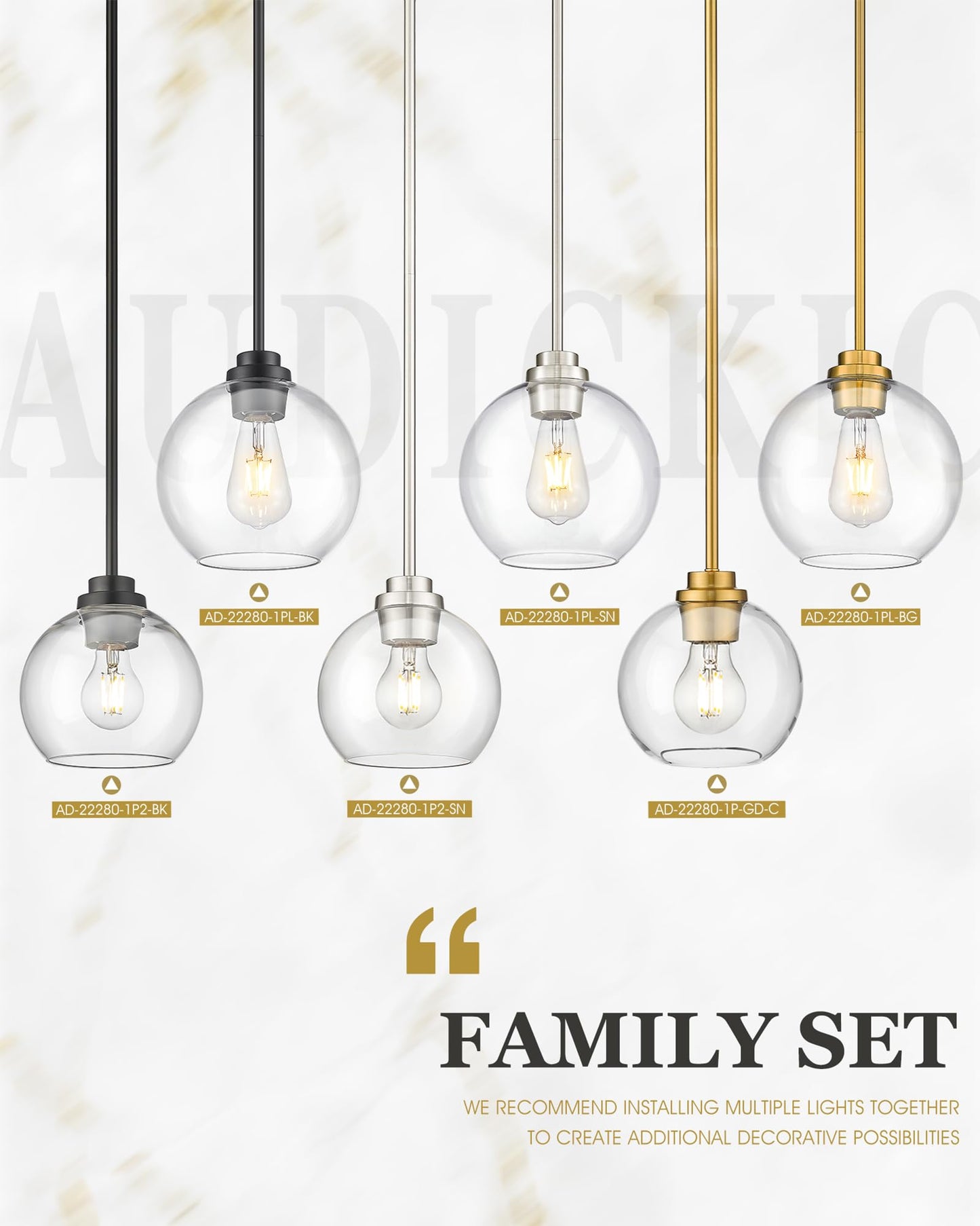 Audickic Brass Pendant Lights Kitchen Island 2 Pack, Farmhouse Gold Pendant Light with Clear Glass Globe Shade, Kitchen Island Lighting for Dining Room Entryway, AD-22280-1P2-GD-C
