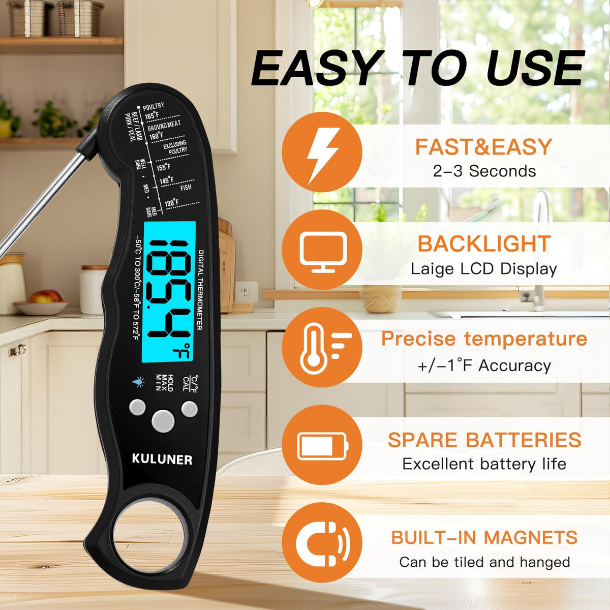 KULUNER TP-01 Waterproof Digital Instant Read Meat Thermometer with 4.6 Folding Probe Backlight Calibration Function for Cooking Food Candy, BBQ Grill, Liquids,Beef(Black)