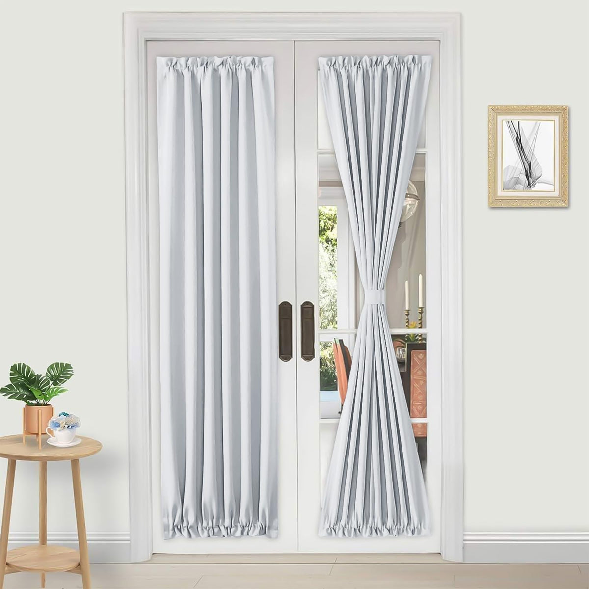 DWCN French Door Curtains â Rod Pocket Thermal Curtain for Doors with Glass Window, Kitchen and Patio Doors for Privacy, 25 X 80 Inches Long, 1 Curtain Panel with Tieback, Greyish White