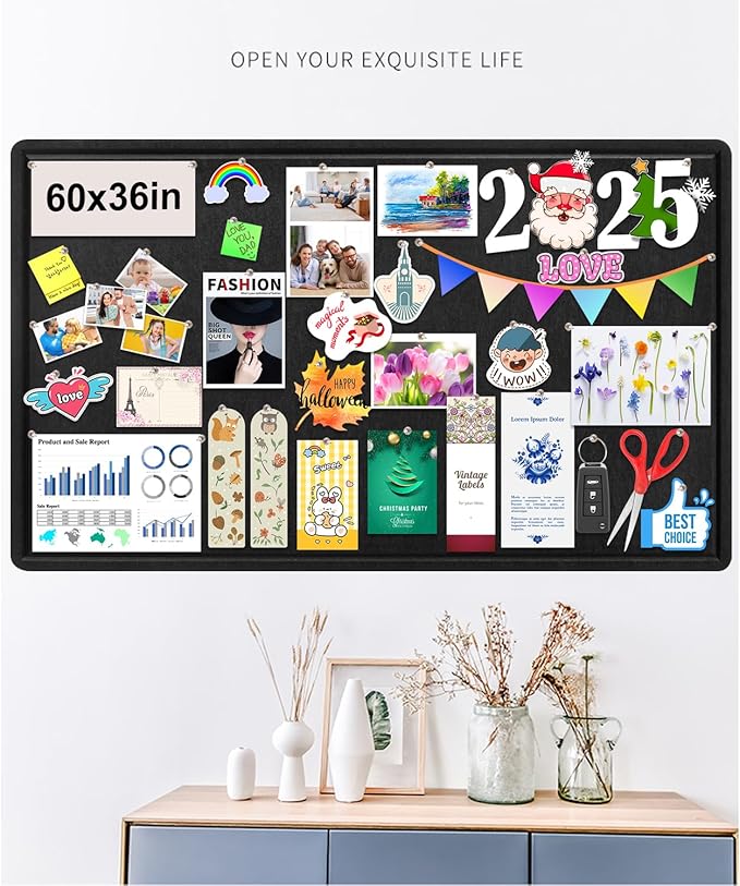 Large Bulletin Board, Foldable 60x36 Inches Cork Board Alternative, Large Felt Board Decorative Pin Board for Wall, Foldable Photo Board Self-Adhesive Vision Board with 36 Pushpins Black