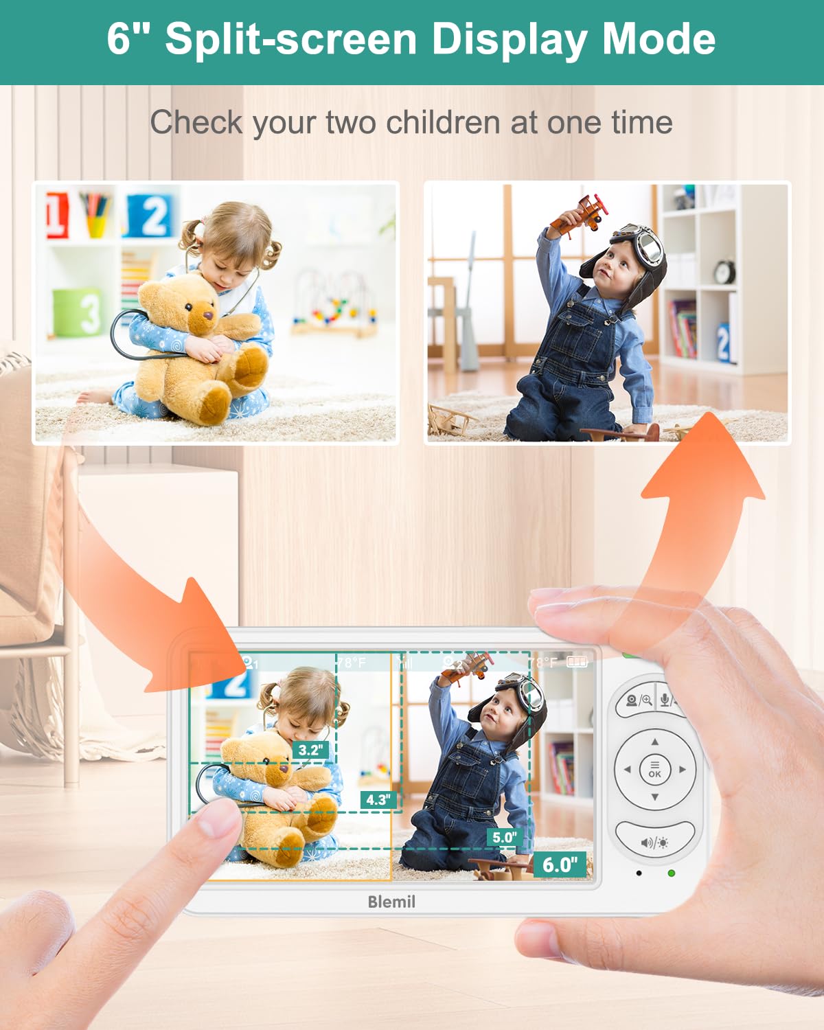 6" Baby Monitor with 2 Cameras and Audio 30 Hours Battery Upgrade Split Screen Video Baby Monitor Remote Pan-Tilt-Zoom 178°Wide-Angle 150 Languages No WiFi ECO 2-Way Talk Night Vision 1000ft Travel