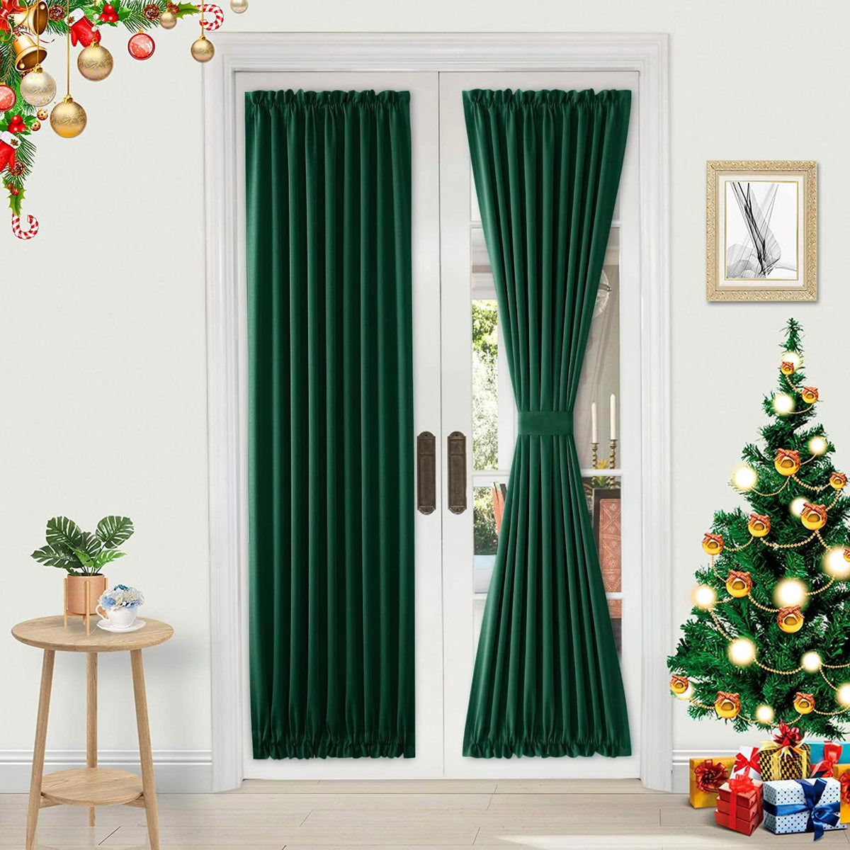 DWCN French Door Curtains â Rod Pocket Thermal Blackout Curtain for Doors with Glass Window, Kitchen and Patio Doors for Privacy, 36 X 72 Inches Long, 1 Curtain Panel with Tieback,Hunter Green