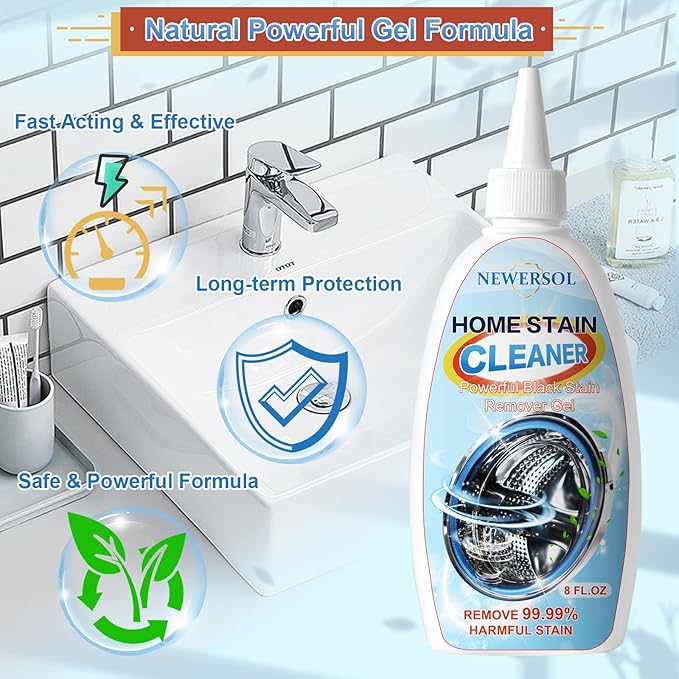 Black Stain Remover Gel Washing Machine Cleaner Housefold Stain Removal Gel for Front Loader Washer Grout Cleaner Kitchen Sink Showers Bathroom and Floor Tile 8Fl Oz(2-Pack)