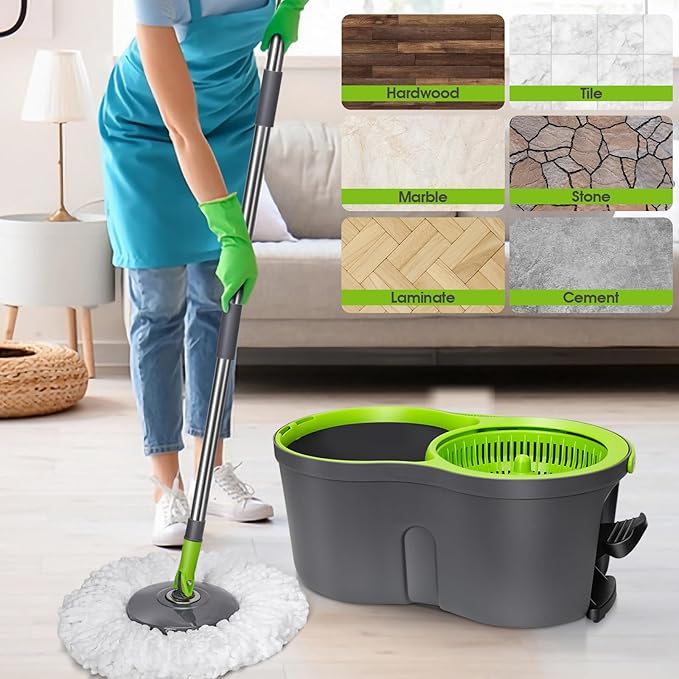 Spin Mop Bucket System,Masthome Pedal Spin Mop and Bucket with Wringer Set,EasyWring Microfiber Mop with 3 Mop Pads,360°Spinning Floor Cleaning System - Home & Office Suitable