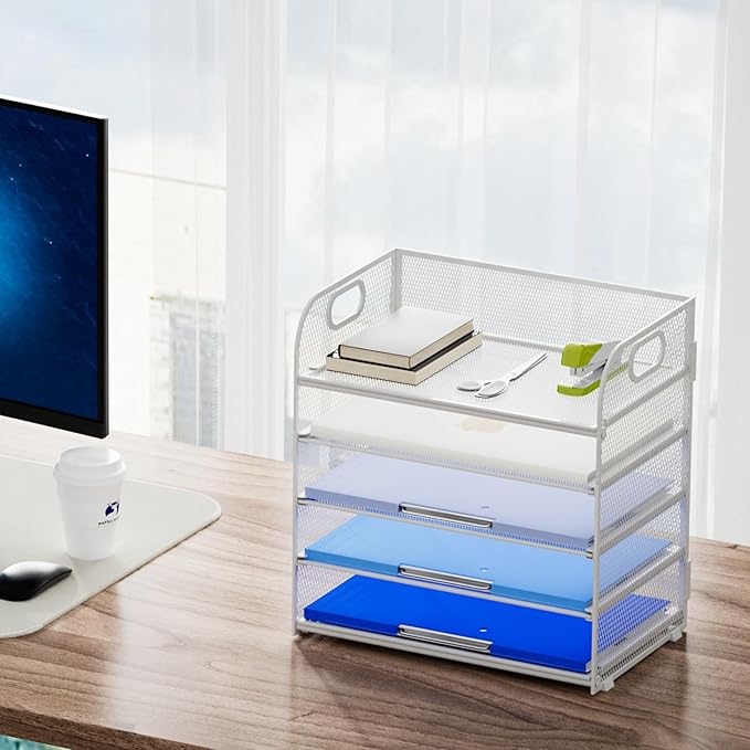 Marbrasse Paper Organizer Letter Tray, 5 Tier Mesh File Organizer with Handle, Paper Sorter Desk Organizer for Home Office Supplies - White