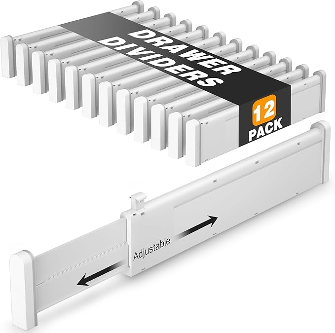 HiYZ Expandable Drawer Dividers - 12.6-22.8'' Adjustable Drawers Organizers for Kitchen Utensils, Drawer Separators in Bedroom, Dresser, Office, Bathroom, Fridge, 12 Pack Long Dividers-Gray