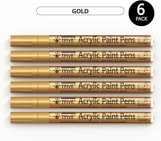 Gold Marker Paint Pens - 6 Pack Acrylic Gold Permanent Marker, 0.7mm Extra Fine Tip Paint Pen for Art projects, Drawing, Rock Painting, Stone, Ceramic, Glass, Wood, Plastic, Metal, Canvas DIY Crafts